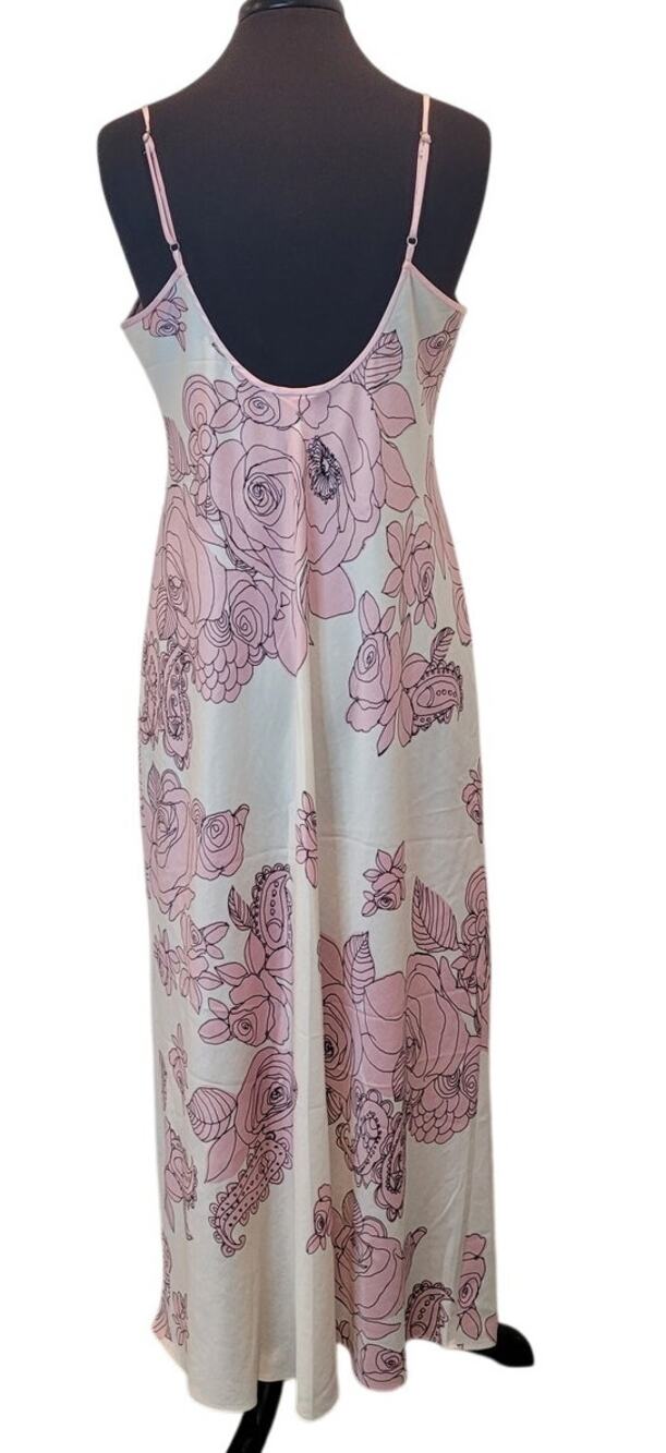 VTG Natori Ivory Floral Slip Dress Hand-Drawn Pink Cottagecore Midi